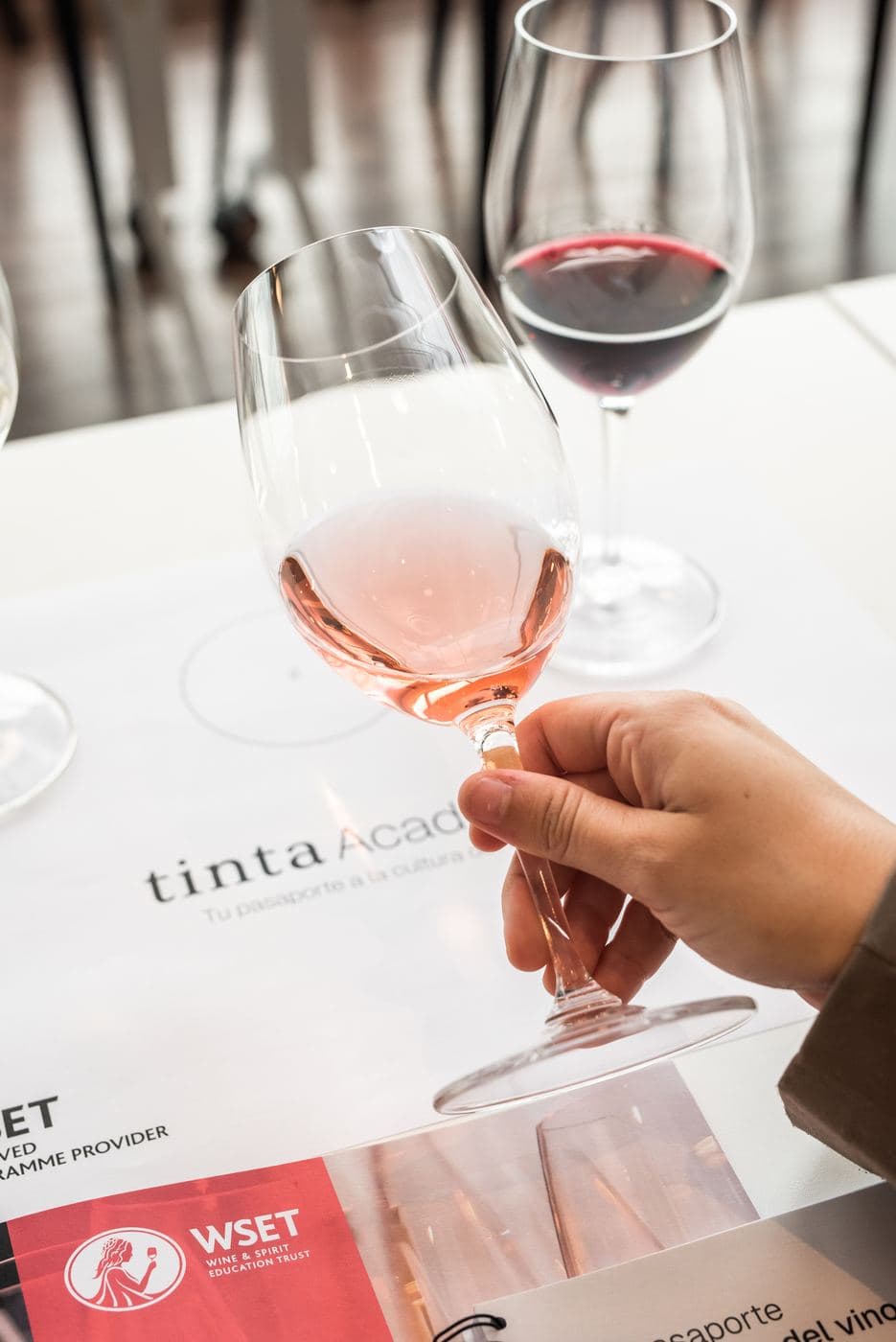 Copas de vino tinto y rosado sobre material de Tinta Academy con sello WSET